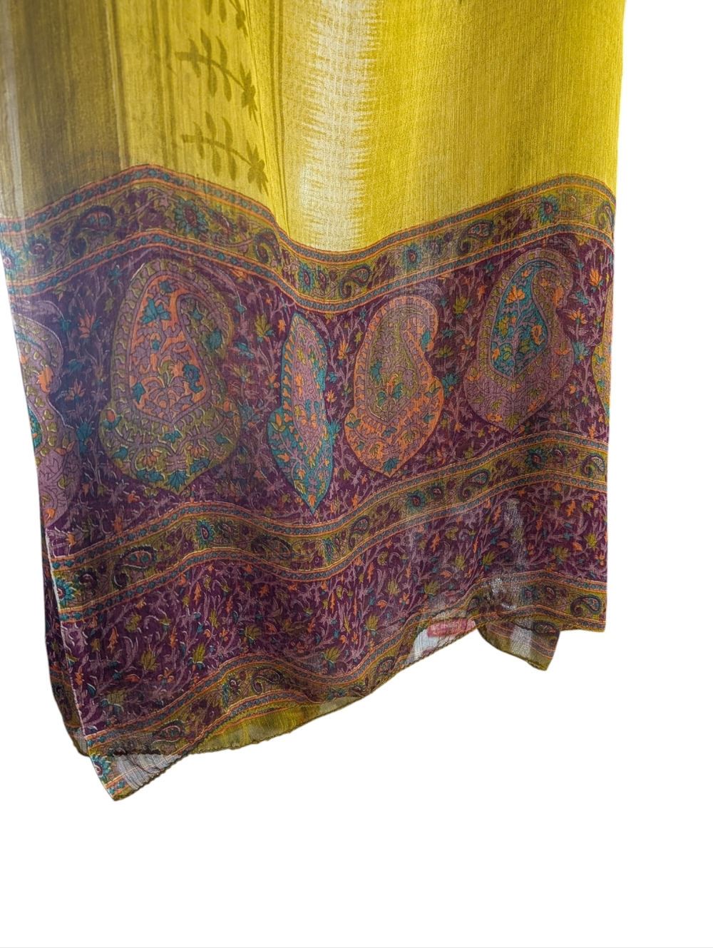 Boho Sheer Scarf Mustard Yellow Paisley Border Lightweight Wrap Shawl Festival - Picture 4 of 8